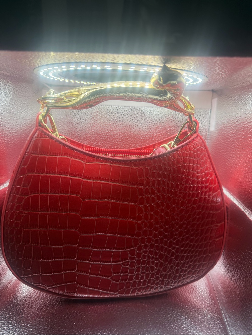 Red Croc-Embossed Vegan Leather Top-Handle Bag
